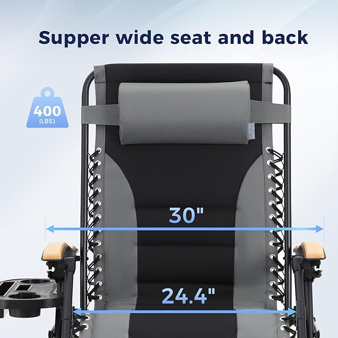 MAISON ARTS Oversized XXL Padded Zero Gravity Chair, 30" Wide Seat Foldable Patio Recliner, Anti Gravity Outdoor Lawn Chair with Cup Holder & Pillow, Supports 400lbs, Grey