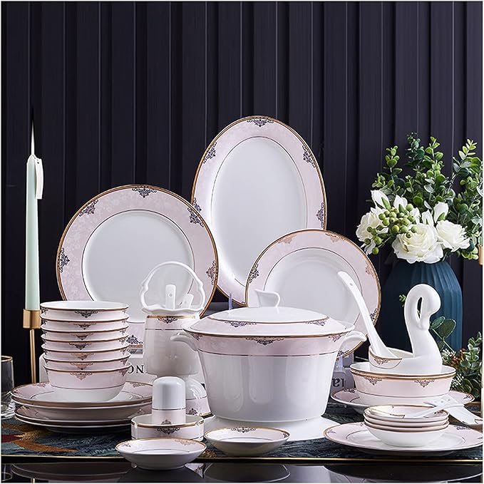 Dinnerware Sets Dish Set,Ceramic Tableware Set,European Style 60-Piece Set,Exquisite Kitchen Plate and Bowl Set (60 Pieces of Open hot Pot) (60 Pieces of Prince Pot) (A 60 Pieces o