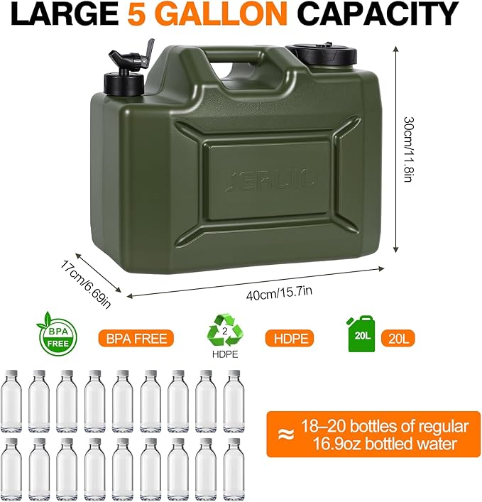 Camping Water Jug, 5 Gallon Water Container with Spigot BPA Free Portable Military Green Emergency Water Tank Outdoor Camping Essentials