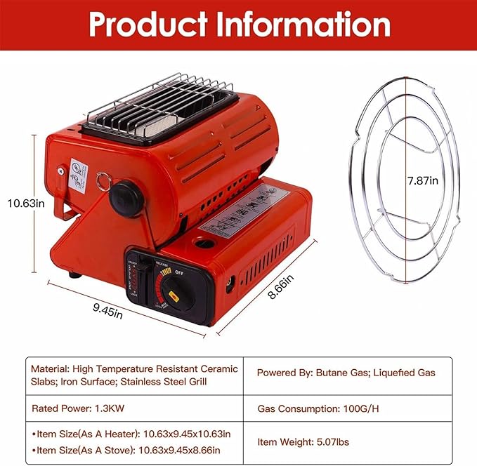 Upgraded 2 In 1 Portable Indoor Butane Heater & Stove with Self Ignition, Safe & Cordless Non Electric Heaters, Butane Emergency Heater for Power Outage, For Camping, Tents, Outdoor (Red)