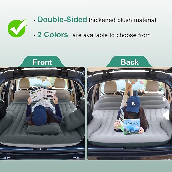 SUV Air Mattress, Double-Sided Thick Flocked Car Air Mattress with Built-in Pump & Pillow, Complete Sleeping Accessories for Auto Camping & Road Trips（Green+Charcoal）