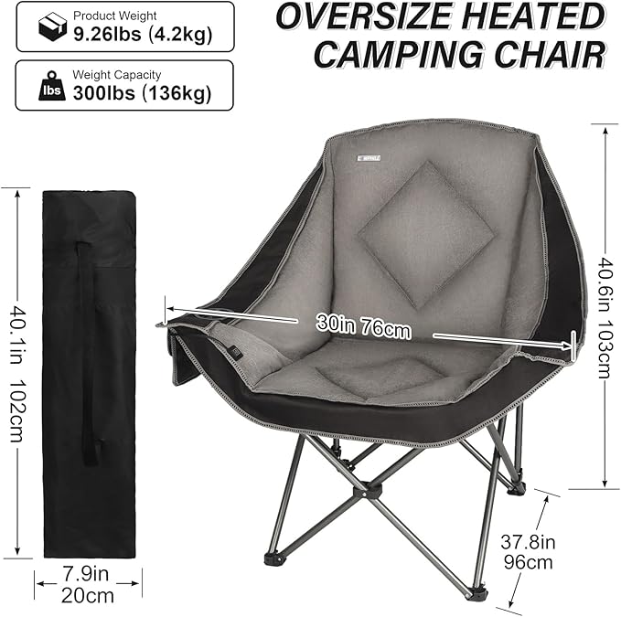 CAMPHILL Heated Camping Chairs,Oversized Padded Heating Lawn Chair with Cup Holder,Wide&Thick,Heavy Duty Folding for Patio,Tailgates,and Sports,Battery NOT Included,Black