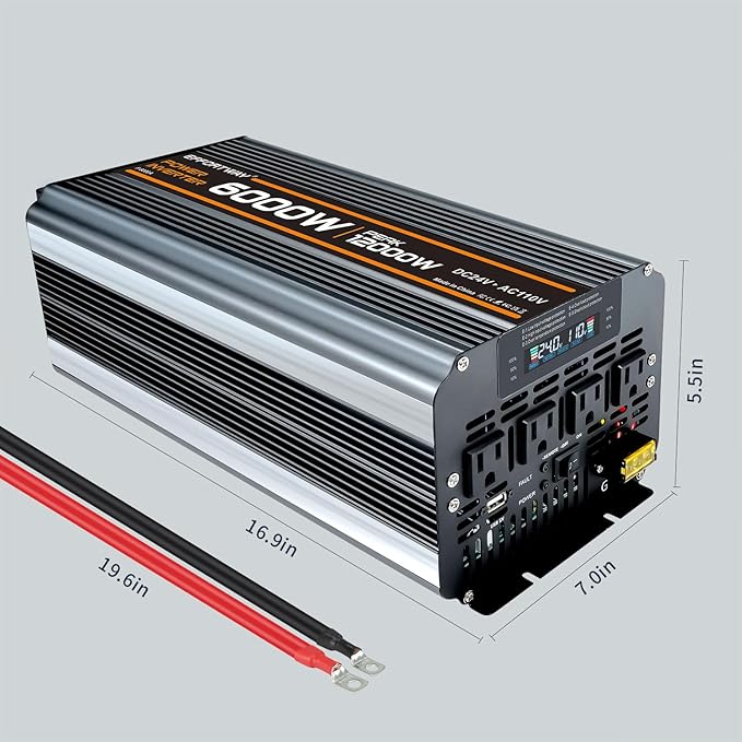 Power Inverter DC 24V to AC 110V/120V Converter with LCD Display Wireless Controller, Cable Pair,AC outlets USB.RV Travel,Suitable for Camping,and Off-Grid Solar Systems (6000w-24v)
