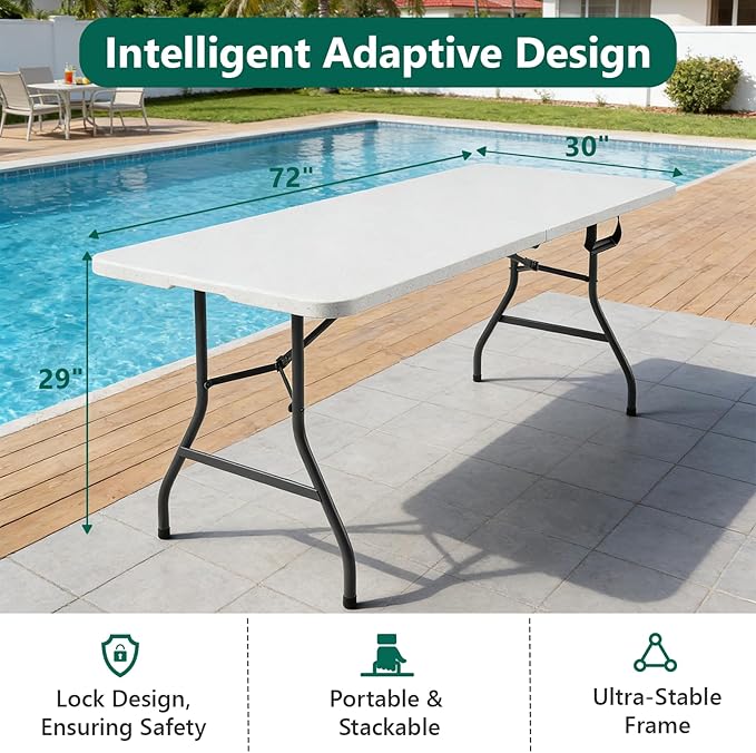 Folding Table 6FT Heavy Duty Plastic Table with Handle, Foldable&Portable, Fold-in-Half Utility Tables for Outdoor, Dining, Wedding, Events, Indoor, Picnic, Camping, Party, White