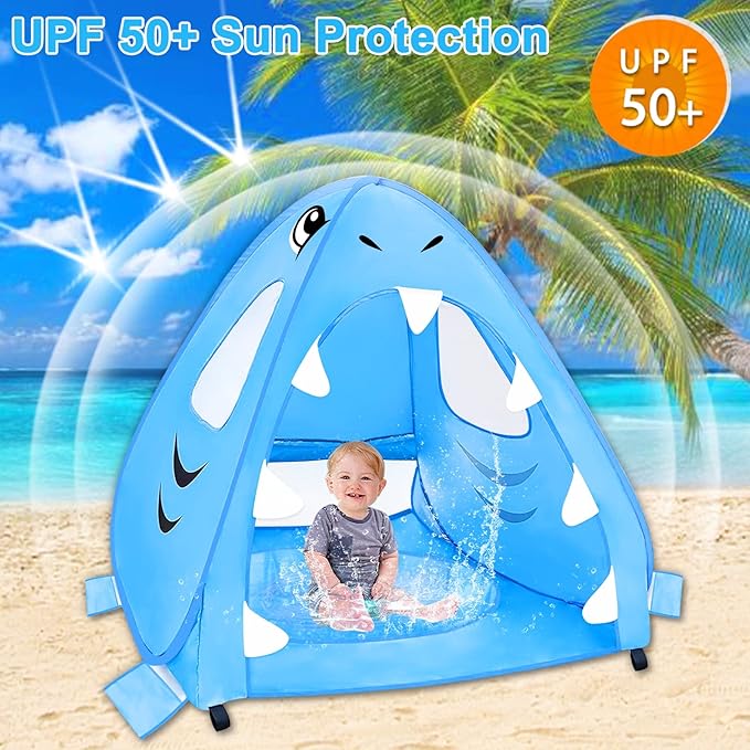 [ Extra High ] Shark Baby Beach Tent with Pool, Pop Up Kiddie Pool Tents Baby Beach Essentials UPF 50+ UV Protection 4 Sand Pockets 3 Mesh Windows Sun Beach Shade Tent for Toddler Aged 3-60 Months