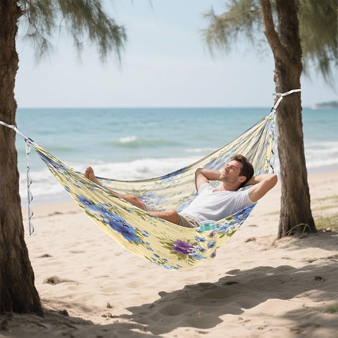 Yellow Background Blue Flower Camping Hammock Single Portable Hammocks 330 lbs Capacity with 2 Tree Straps and Attached Carry Bag,Perfect for Outdoor,Indoor,Beach,Camping,Travel