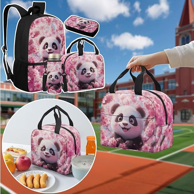 Panda School Backpack Set Kids 4 Piece with Lunch Box and Water Bottle Bag Pencil Case Large Capacity Lightweight Travel Backpack for Kids 8-12 Kindergarten Elementary Middle Camping