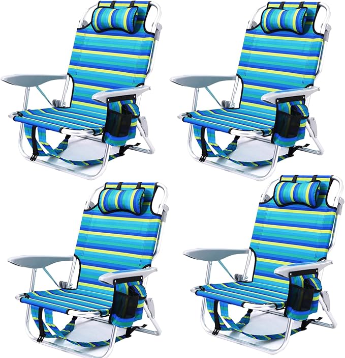 4PC Portable Beach Chair for Adults, 5 Position Backpack Folding Camping Chairs for Outdoor, Beach Chairs with Backpack Straps, Striped