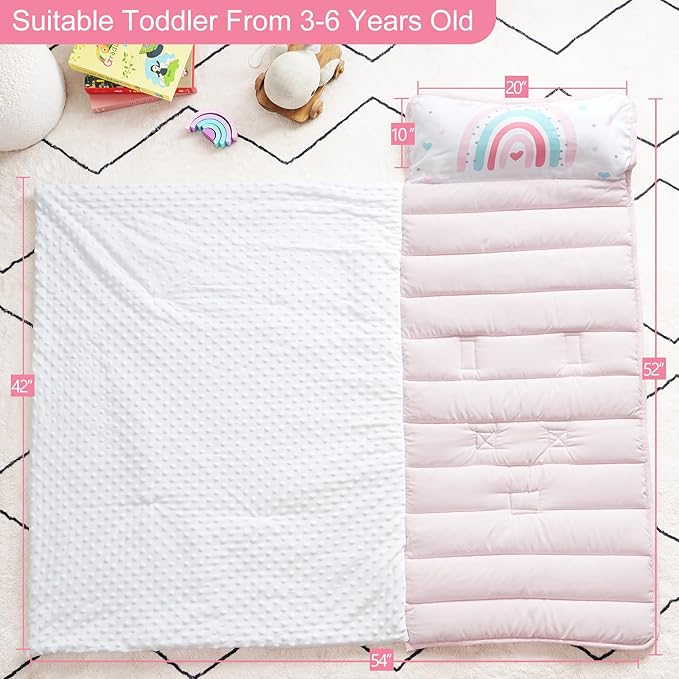 PHF Toddler Nap Mat with Removable Pillow and Minky Fleece Blanket, Rollup Design Warm Slumber Bags for Girls, 52"x20"x2" Kids Sleeping Bag for Daycare Preschool Travel Camping, Rainbow