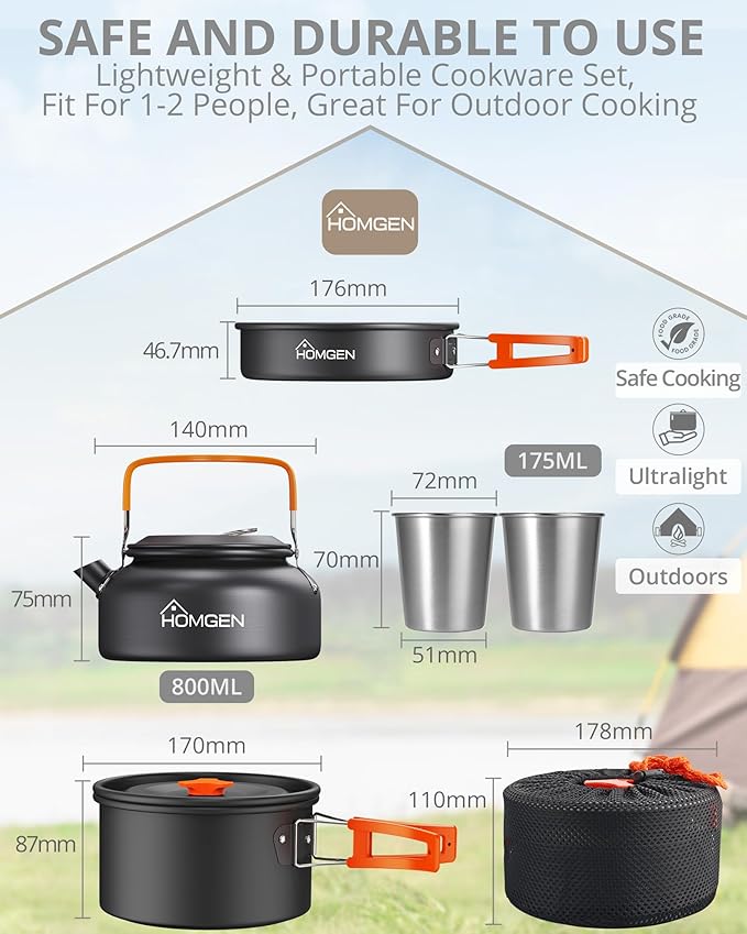 HOMGEN Portable Camping Cookware Set-Lightweight Aluminum Camp Pots and Pans Kit-Comes with Non-Stick Pots/A Frying Pan etc-Complete Camping Mess Kit for Camping/Hiking/Fishing & Other Outdoor Trip