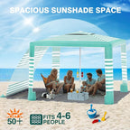Rhino Valley Beach Cabana, 8 * 8FT Beach Tent UPF50+ Protection, Easy Setup Beach Canopy Wind Resistant with Cup Holder, Compact Beach Shade Foldable Beach Tent Sun Shelter, Green White