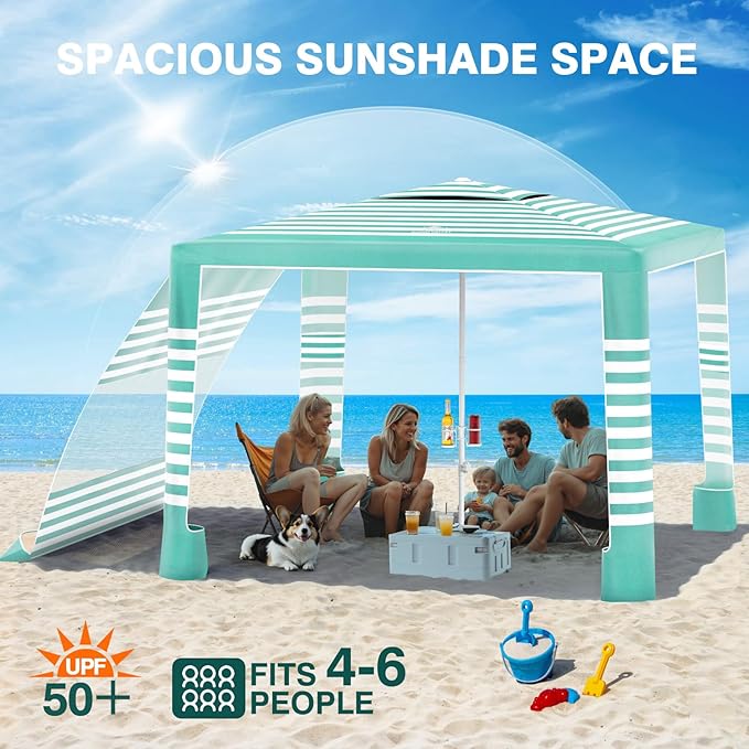 Rhino Valley Beach Cabana, 8 * 8FT Beach Tent UPF50+ Protection, Easy Setup Beach Canopy Wind Resistant with Cup Holder, Compact Beach Shade Foldable Beach Tent Sun Shelter, Green White