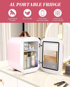 Mini Fridge for Bedroom, 4 Liter/6 Can Skincare Fridge With LED Mirror,12v AC/DC Cooler & Warmer Portable Small Refrigerator for Drinks, Makeup, Dorm, Office and Car(Pink)
