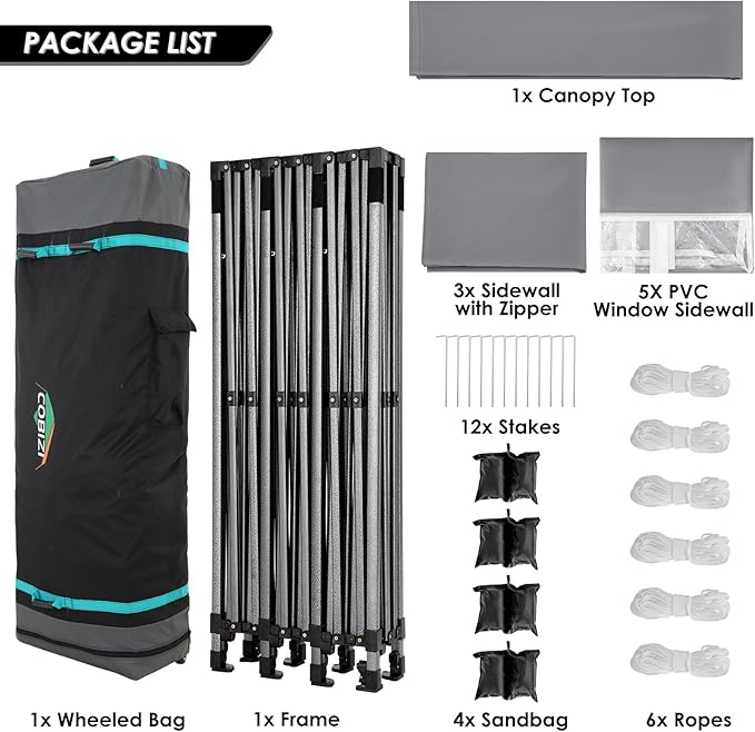 COBIZI 10x30 Pop up Canopy Tent 10x30 Canopy with Sidewalls, Heavy Duty Party Tent Tents for Parties, Foldable UPF 50+ Waterproof Commercial Easy up Canopy with Roller Bag, Grey(Windproof Upgraded)