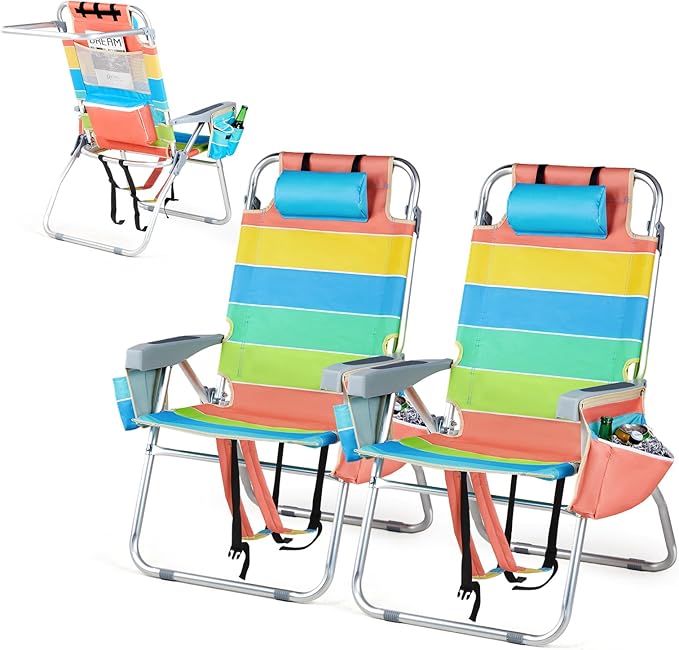VINGLI Tall Beach Chair 2 Pack Lightweight, Backpack Beach Chair for Adults with 5-Position, Cooler Bag, Cup Holders, Towel Bar, Folding Beach Camping Chairs（16“-Rainbow）