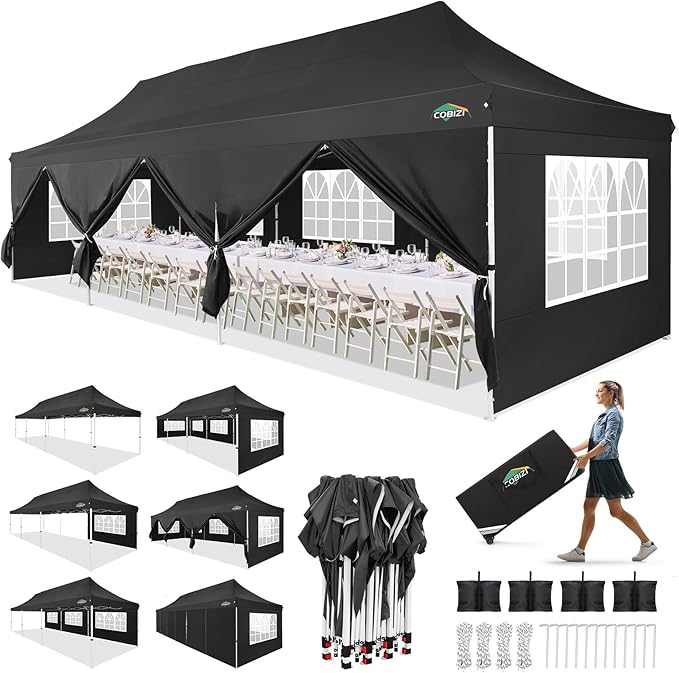 COBIZI 10x30 Pop up Canopy with Roller Bag & 8 Removable Sidewalls, Canopy Tent for Parties, Wedding, and Commercials, Waterproof and Instant Shelter UV50+ Outdoor Gazebo with 4 Sandbags(Black)