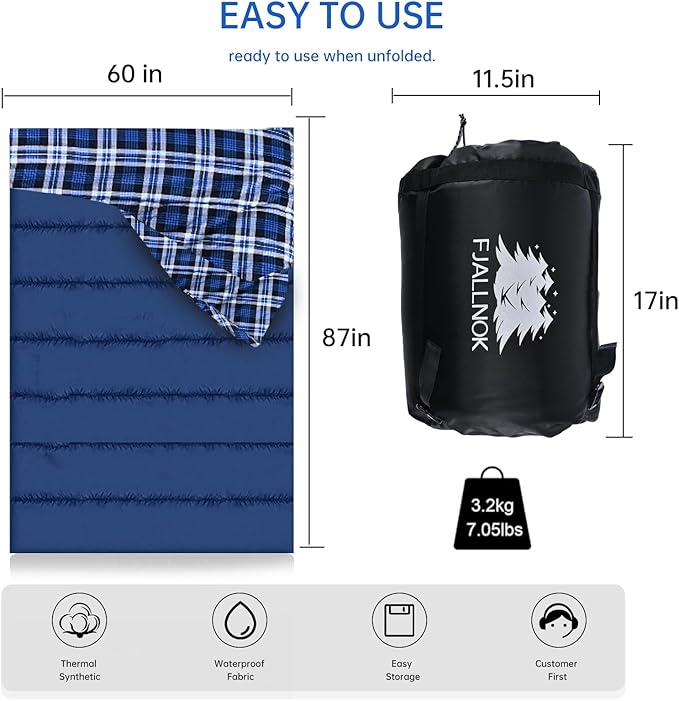 Double Sleeping Bag Cotton Flannel for Camping, Backpacking Or Hiking. Queen Size 2 Person Waterproof Sleeping Bag for Adults Or Teens. Lightweight with Compression Sack