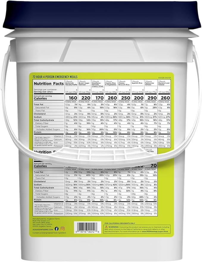 Augason Farms Four Person 72 Hour Emergency Food Supply, 119 Servings, 25 Year Shelf Life, Feeds 4 People - Survival Food Camping Essentials, Family Meals Prepared Dinner, Lunch, and Breakfast