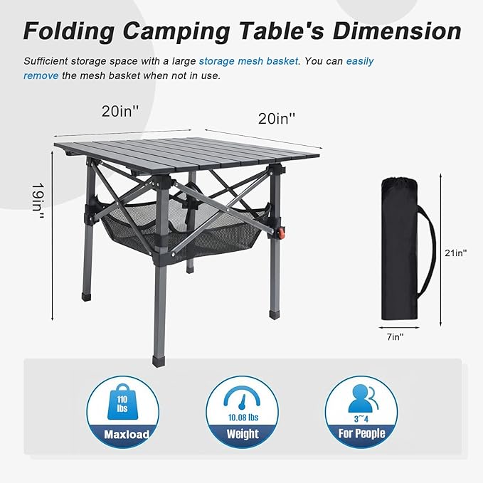 Folding Camping Table, Portable Lightweight Beach Tables for Sand Foldable, Aluminum Roll-up Folding Square Table for Outdoor Camping, Picnic, Card, Travel