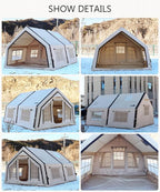 Large Luxury Inflatable Camping Tent Cotton Canvas Tent, Breathable and Waterproof Air Tent with Skylight and Stove Jack Hole for for 4-6-8-10 Person Family Camping