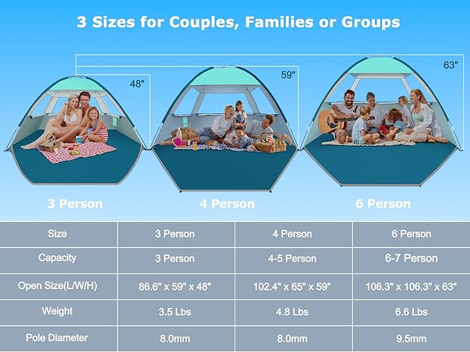 COMMOUDS Beach Tent Sun Shade for 3/4/6/8 Person, UPF 50+ Beach Sun Shelter Canopy Tent, Lightweight, Easy Set Up and Carry