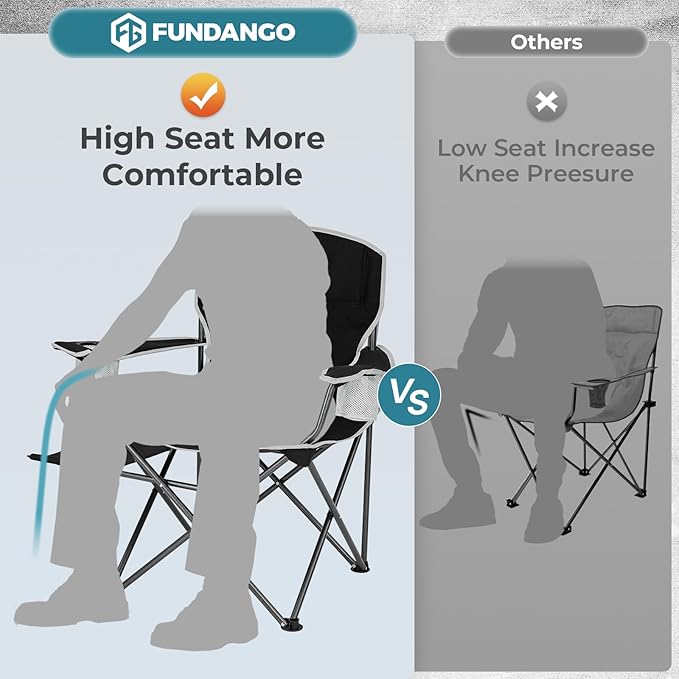 FUNDANGO Folding Camping Chairs for Adults, Oversized Beach Chairs with Table Tray, Heavy Duty Lawn Chair with Cup Holders for Sports, Outdoor, Camp (Black)