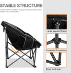 Northroad XXL Camping Moon Chair,Oversized Round Chair,Folding Padded Saucer w/Side Pocket,500lbs Capacity for Outdoor Hiking Fishing Picnic Lawn,Black&Grey