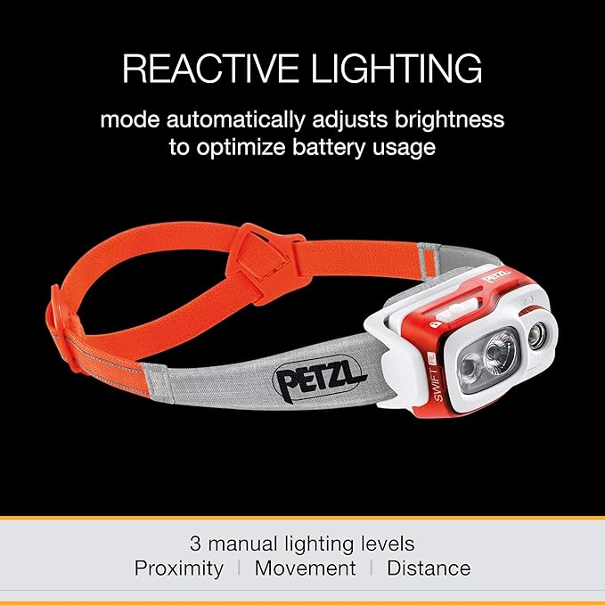 PETZL, Swift Rl Lamp Orange, Compact, Very Powerful and Rechargeable headlamp Featuring Reactive Lighting® Technology. 900 lumens.