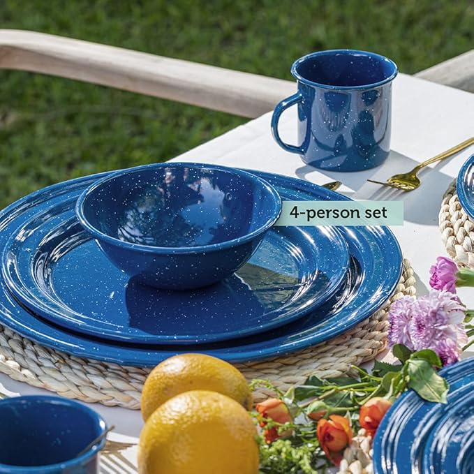 Cinsa 23 Piece. Enameled Dinnerware Camping/Outdoor Set for 4. Includes Plates, Bowls, Mugs, Coffee Boiler.