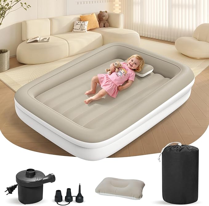 Inflatable Toddler Travel Bed - 53 Inches Portable Toddler Air Mattress with Four Safety Sides - High-Speed Pump and Carry Bag - Comfortable Mattress & Easy to Inflate and Deflate - Apricot