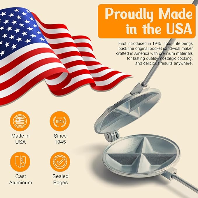 Tid Bit Handheld Sandwich Maker, Portable Sandwich Grill & Panini Press, Cast Aluminum Pie Iron, Retro 1945 Stovetop & Campfire Toaster for Hot Sandwiches, Pies, Paninis, RV & Camping