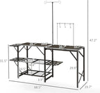 Outsunny Folding Camp Kitchen Table, Portable Camping Cooking Station with Adjustable Lantern Holder, Hanging Hooks and Carrying Bag for Outdoor Picnic Beach BBQ Traveling