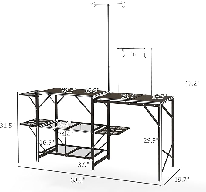 Outsunny Folding Camp Kitchen Table, Portable Camping Cooking Station with Adjustable Lantern Holder, Hanging Hooks and Carrying Bag for Outdoor Picnic Beach BBQ Traveling