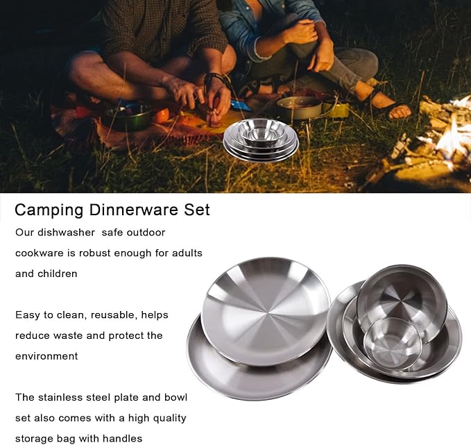 Stainless Steel Camping Plates and Bowls Set, 12PCS Portable Tableware Cookware with Storage Bag, 3.5inch to 9.1 inch, Camping Dish Set for Backpacking, Camping, Hiking, Beach,Outdoor