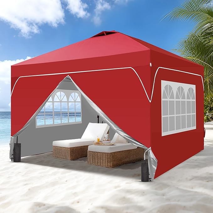 GDY 12x12FT Pop Up Canopy Tent with One Push Setup, Easy to Install with 4-Sidewalls for Events, Parties, Camping, Outdoor Gazebo with 4-Sandbags and Wheel Bag,Red.