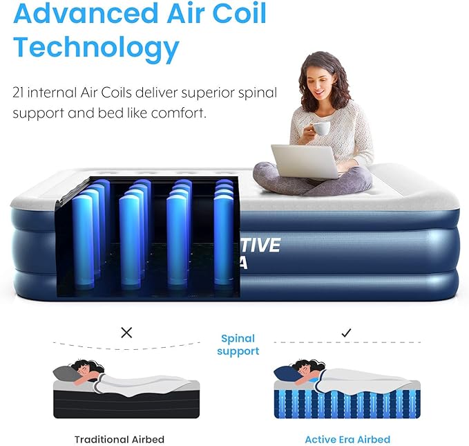Active Era 20" Twin Air Mattress with Built-in Pump & Raised Pillow - Heavy Duty Puncture Resistant, Waterproof Blow Up Bed (Pack of 2)