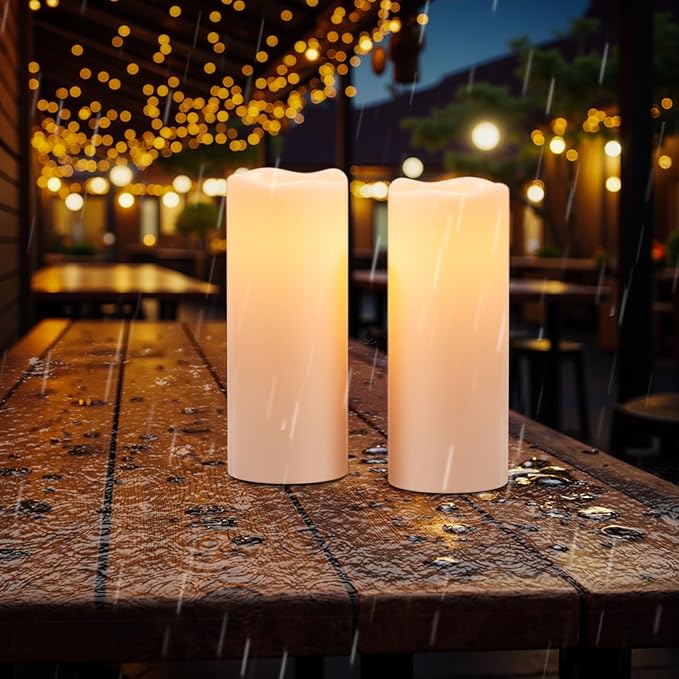 Wondise Solar Powered Candles IP65 Outdoor Waterproof Rechargeable LED Candles Battery Operated Dusk to Dawn Plastic for Camping Patio Porch Lanterns(2 Pack, 4" D x 8" H)