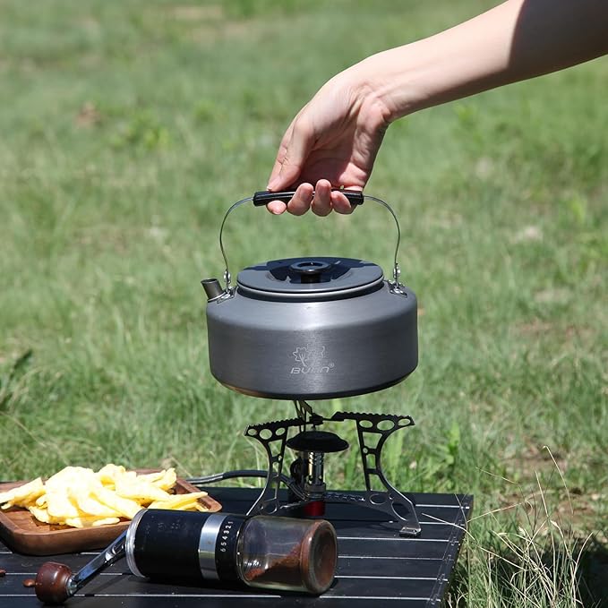 Bulin Camping Kettle, Large Portable Stovetop Tea Kettle Fast Heating Boiling Hot Water for Open Fire Lightweight Coffee Pot with Anti-Scald Handle & Carry Bag for Outdoor Hiking，Grey-1.6L