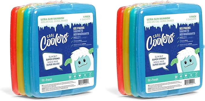 Cool Coolers by Fit & Fresh 4 Pack Slim Ice Packs, Quick Freeze Space Saving Reusable Ice for Lunch Boxes or Coolers, Multi Colored, 2 Packs of 4 (Pack of 6)
