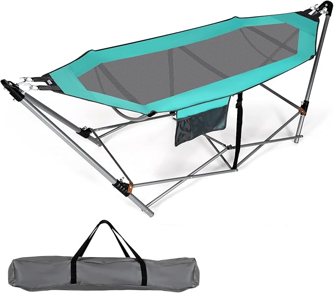 Portable Folding Hammock w/Side Pocket, Lounge Camping Bed w/Metal Stand & Anti-tip Buckles, Outdoor Camping Hammock with Carrying Bag for Patio Garden Yard, Easy Assembly (Turquoise)