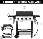 4 Burner Gas Grills Outdoor Cooking Propane Gas Grill BBQ Grill Portable Barbecue Grills with Cast Iron Grate, Pan and Folding Side Table 40000 BTU Output Easy-Clean