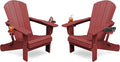 KINGYES Folding Adirondack Chair Set of 2, Dual Cup Holders & All-Weather HDPE, Wood-Like Patio Chair for Backyard, Camping, Pool & Fire Pit, Dark Red