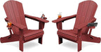 KINGYES Folding Adirondack Chair Set of 2, Dual Cup Holders & All-Weather HDPE, Wood-Like Patio Chair for Backyard, Camping, Pool & Fire Pit, Dark Red