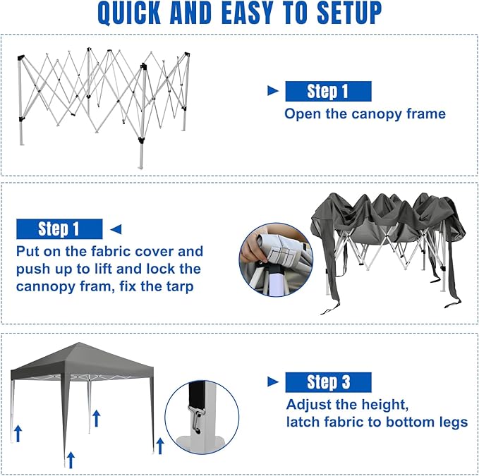 Yesker 10x10 Pop Up Canopy Tent UPF 50+ Waterproof Outdoor Canopy Portable Folding Easy Setup Gazebo Adjustable Height Instant Sun Shade Tent with Wheeled Bag for Events Parties Camping Patio, Gray
