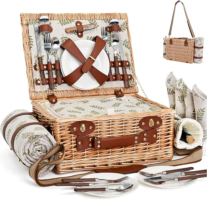 Picnic Basket with Blanket and Wine Pouch for 4, Wicker Picnic Set with Insulated Liner Cooler Bag Hamper for Camping,Wedding - Leaf