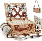 Picnic Basket with Blanket and Wine Pouch for 4, Wicker Picnic Set with Insulated Liner Cooler Bag Hamper for Camping,Wedding - Leaf