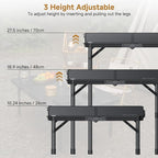 Folding Camping Table, 22" x 15" Picnic Table with 3 Adjustable Height Max 27.5", Matte Black Aluminum Folding Table with Handle for Party, Dining, Garden, Patio, Market