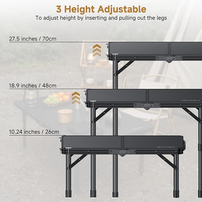 Folding Camping Table, 22" x 15" Picnic Table with 3 Adjustable Height Max 27.5", Matte Black Aluminum Folding Table with Handle for Party, Dining, Garden, Patio, Market