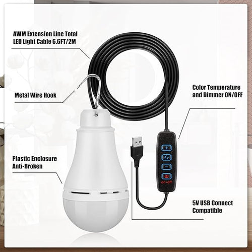 6 Pcs USB Light String LED Portable Light Bulb Rechargeable USB Strip, 6.6 ft Length Cord Camping Lantern with Splitter Cable for Camping Porch Backyard Garage Warehouse Truck Fishing Boat