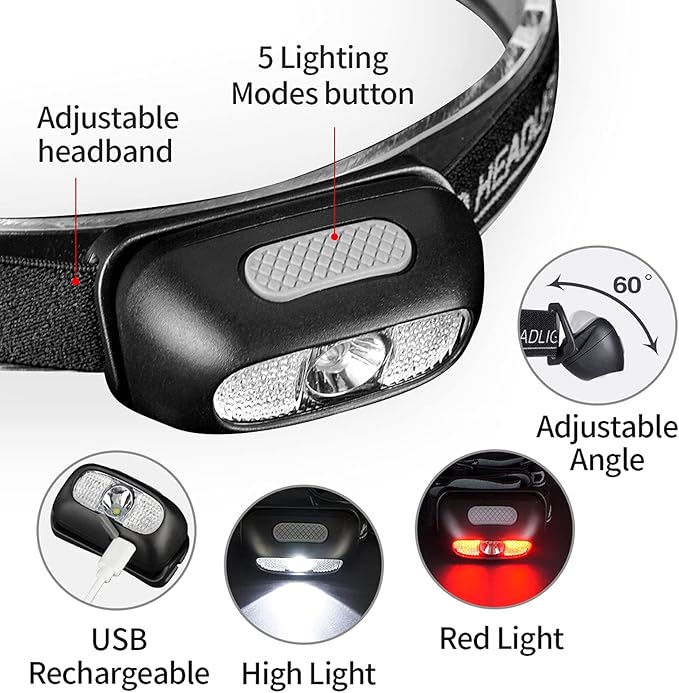 Geekhigh 500 Lumen Rechargeable Headlamp, 5 Modes with Red Light Head Lamp, IP54 Water-Resistant Adjustable Strap Head Light for Adult Running, Camping, Cycling